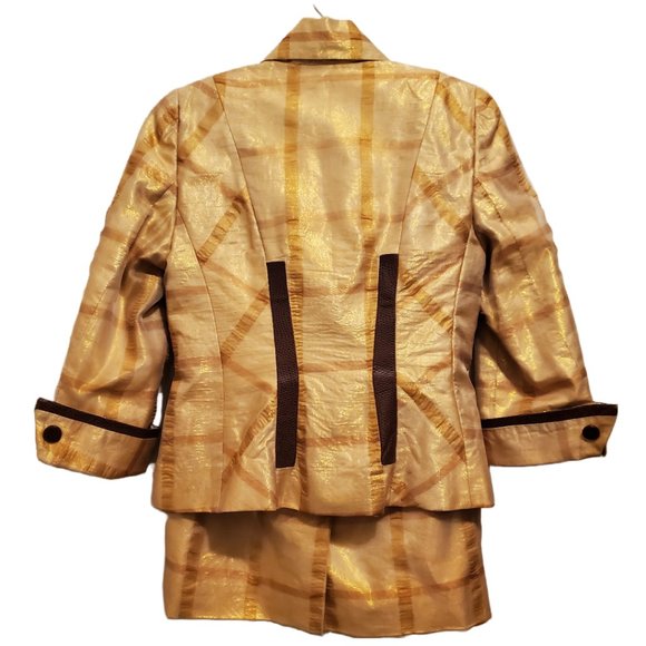 Antonio Garcia Couture Gold Skirt Set with Brown Faux Ostrich Skin Trim Size 4 - Picture 2 of 12